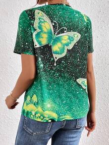 SHEIN LUNE In bướm Cổ v Áo thun - màu xanh lá - Xem 2