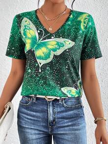 SHEIN LUNE In bướm Cổ v Áo thun - màu xanh lá - Xem 3