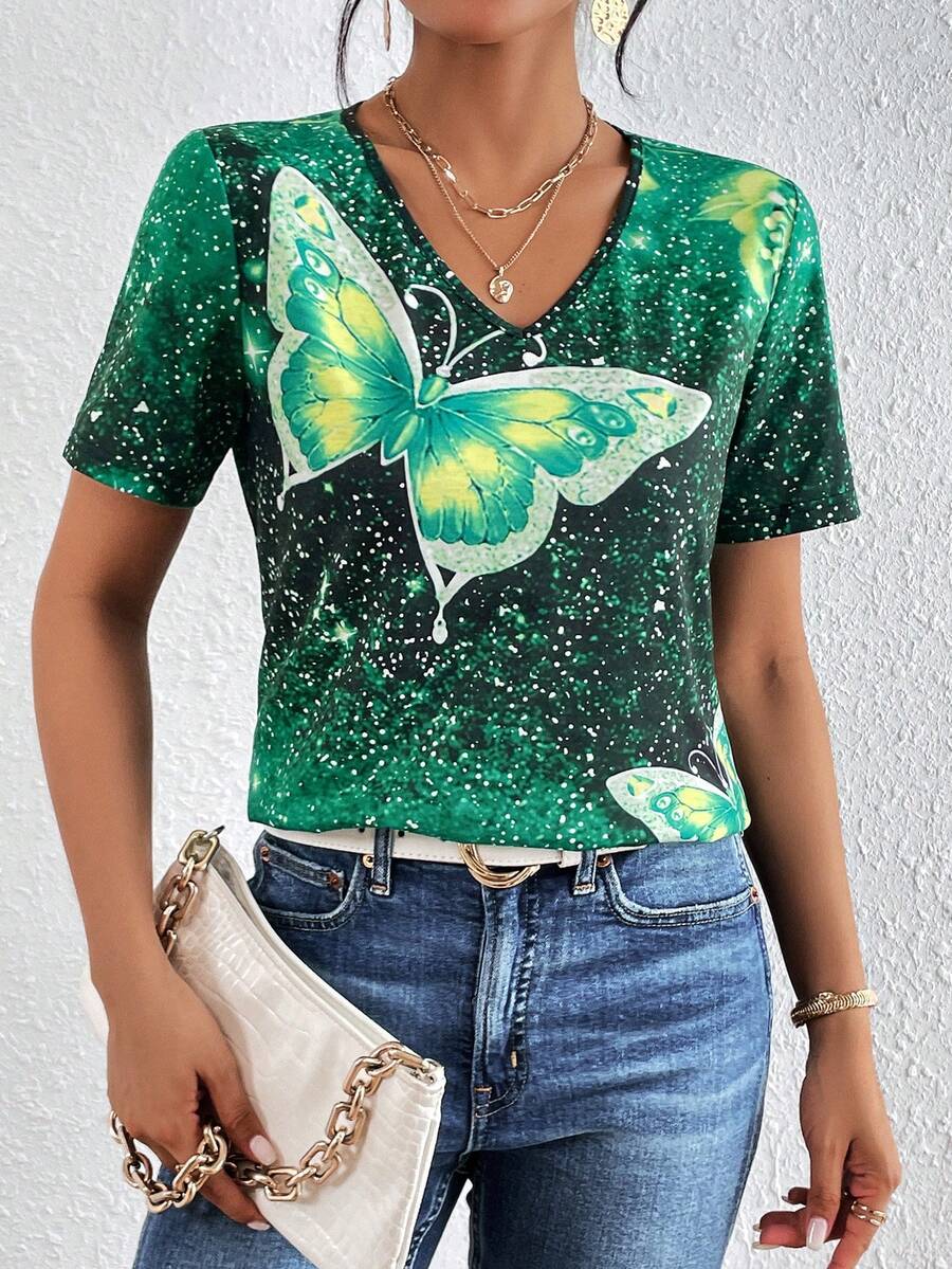 SHEIN LUNE In bướm Cổ v Áo thun - màu xanh lá - Xem 1