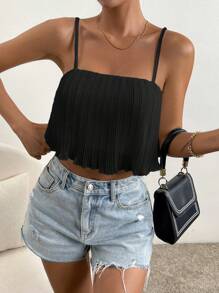 SHEIN Privé 素色褶皺吊帶上衣 - 黑色 - 查看 4