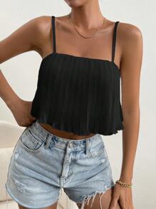 SHEIN Privé 素色褶皺吊帶上衣 - 黑色 - 查看 6