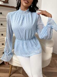 SHEIN Privé Swiss Dot Split Sleeve Peplum Blouse - Baby Blue - View 4