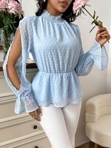 SHEIN Privé Swiss Dot Split Sleeve Peplum Blouse - Baby Blue - View 5