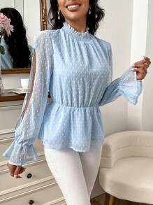 SHEIN Privé Swiss Dot Split Sleeve Peplum Blouse - Baby Blue - View 6