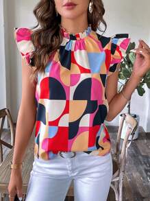 SHEIN Clasi 幾何印花荷葉邊小高領襯衫 - 彩色 - 查看 2