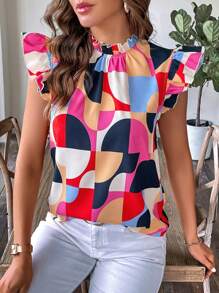 SHEIN Clasi 幾何印花荷葉邊小高領襯衫 - 彩色 - 查看 4