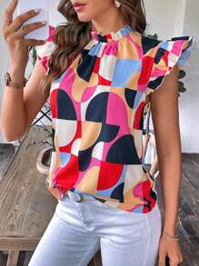 SHEIN Clasi 幾何印花荷葉邊小高領襯衫 - 彩色 - 查看 5