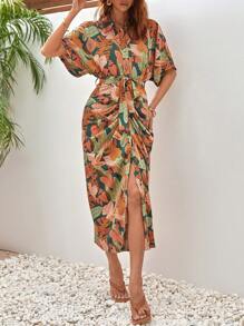 SHEIN Frenchy 熱帶圖案蝙蝠袖褶邊繫腰帶連衣裙 - 彩色 - 查看 5