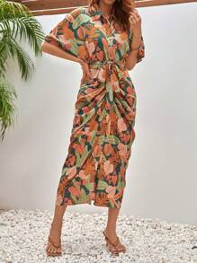 SHEIN Frenchy 熱帶圖案蝙蝠袖褶邊繫腰帶連衣裙 - 彩色 - 查看 6