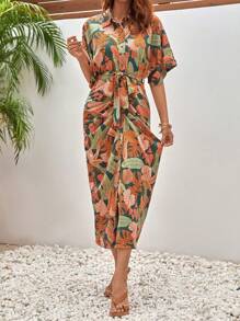 SHEIN Frenchy 熱帶圖案蝙蝠袖褶邊繫腰帶連衣裙 - 彩色 - 查看 7