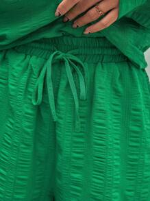 SHEIN Frenchy de hombros caídos Camisa & de cintura con cordón Shorts - Verde - Ver 5
