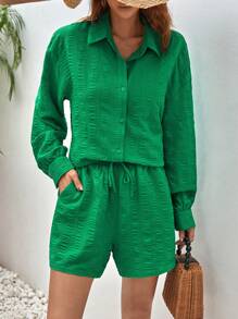 SHEIN Frenchy de hombros caídos Camisa & de cintura con cordón Shorts - Verde - Ver 2