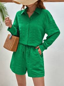 SHEIN Frenchy de hombros caídos Camisa & de cintura con cordón Shorts - Verde - Ver 7