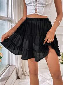 SHEIN VCAY Frill Trim Ruffle Hem Skirt - Black - View 4