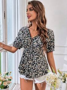 SHEIN VCAY 碎花繫帶領泡泡袖襯衫 - 黑色 - 查看 5