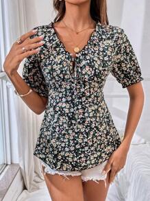 SHEIN VCAY 碎花繫帶領泡泡袖襯衫 - 黑色 - 查看 6