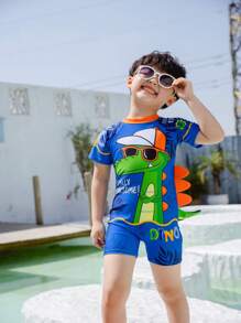Young Boy Cartoon Graphic Swimsuit - Royal Blue - View 1
