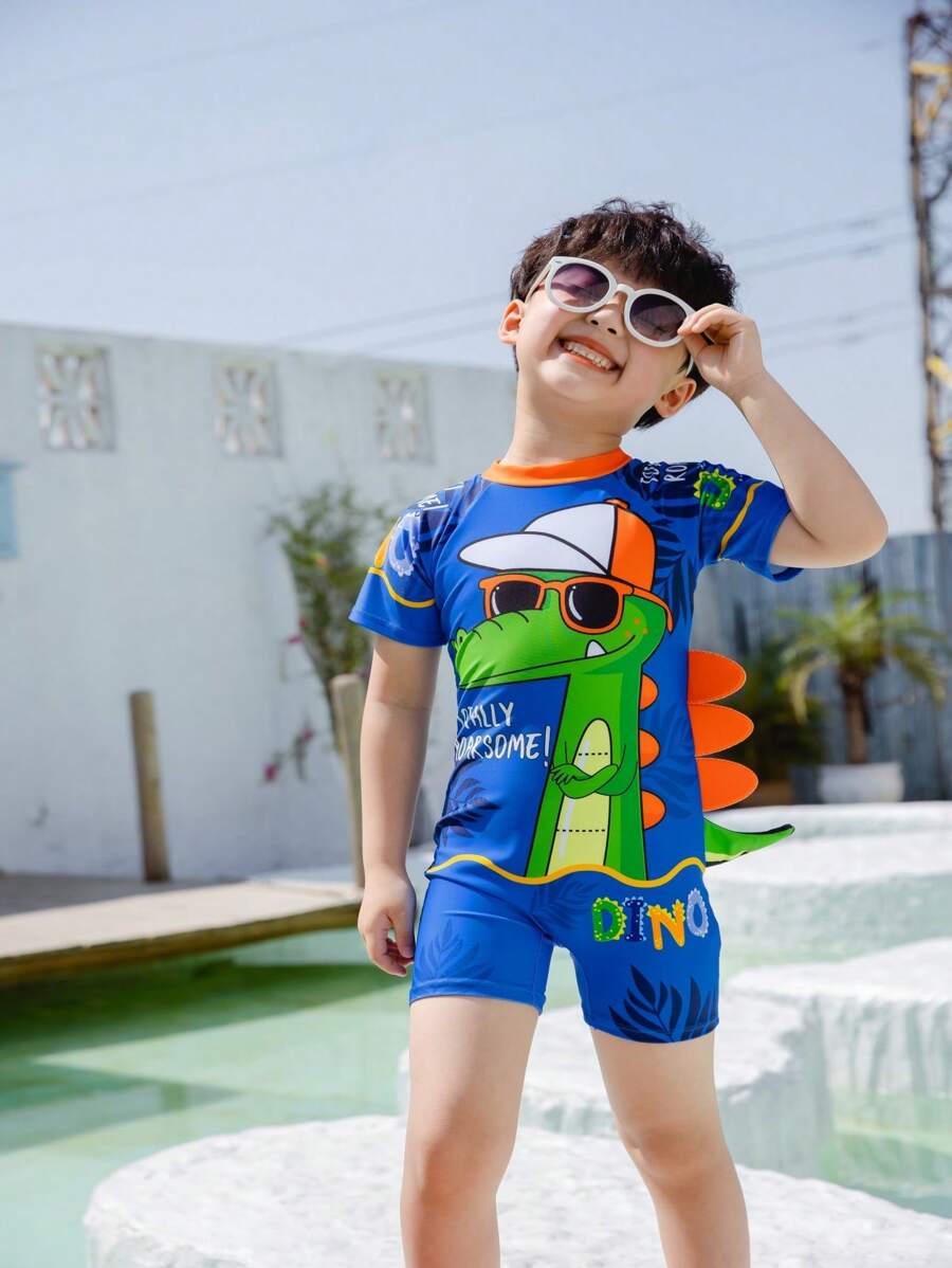 Young Boy Cartoon Graphic Swimsuit - Royal Blue - View 1