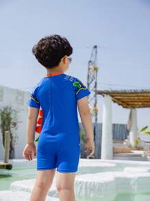Young Boy Cartoon Graphic Swimsuit - Royal Blue - View 2