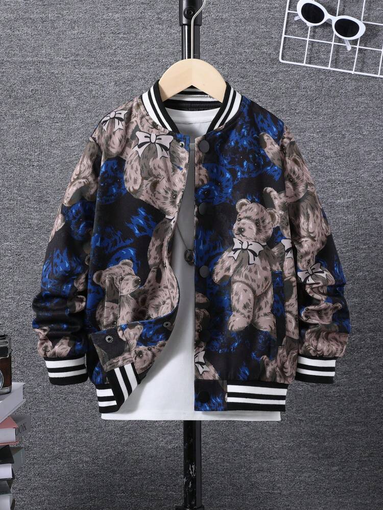 Tween Boy Bear Print Striped Trim Bomber Jacket Without Tee