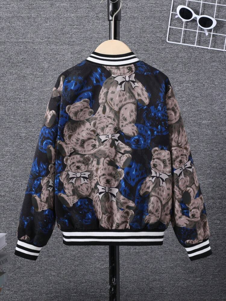 Tween Boy Bear Print Striped Trim Bomber Jacket Without Tee