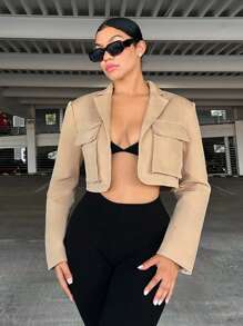 SHEIN SXY 翻蓋口袋短版西裝 - 卡其色 - 查看 3