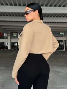 SHEIN SXY 翻蓋口袋短版西裝 - 卡其色 - 查看 2