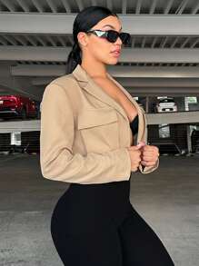 SHEIN SXY 翻蓋口袋短版西裝 - 卡其色 - 查看 5