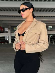 SHEIN SXY 翻蓋口袋短版西裝 - 卡其色 - 查看 4