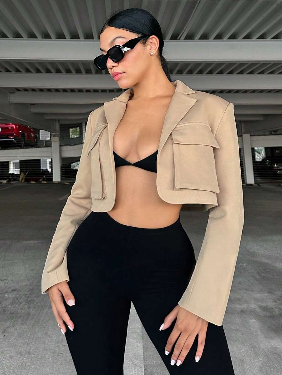 SHEIN SXY 翻蓋口袋短版西裝 - 卡其色 - 查看 1