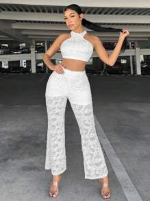 SHEIN SXY 素色蕾絲喇叭褲 - 白色 - 查看 4