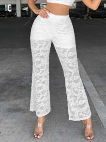 SHEIN SXY 素色蕾絲喇叭褲 - 白色 - 查看 3