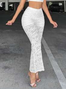 SHEIN SXY 素色蕾絲喇叭褲 - 白色 - 查看 1