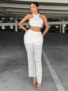 SHEIN SXY 素色蕾絲喇叭褲 - 白色 - 查看 7