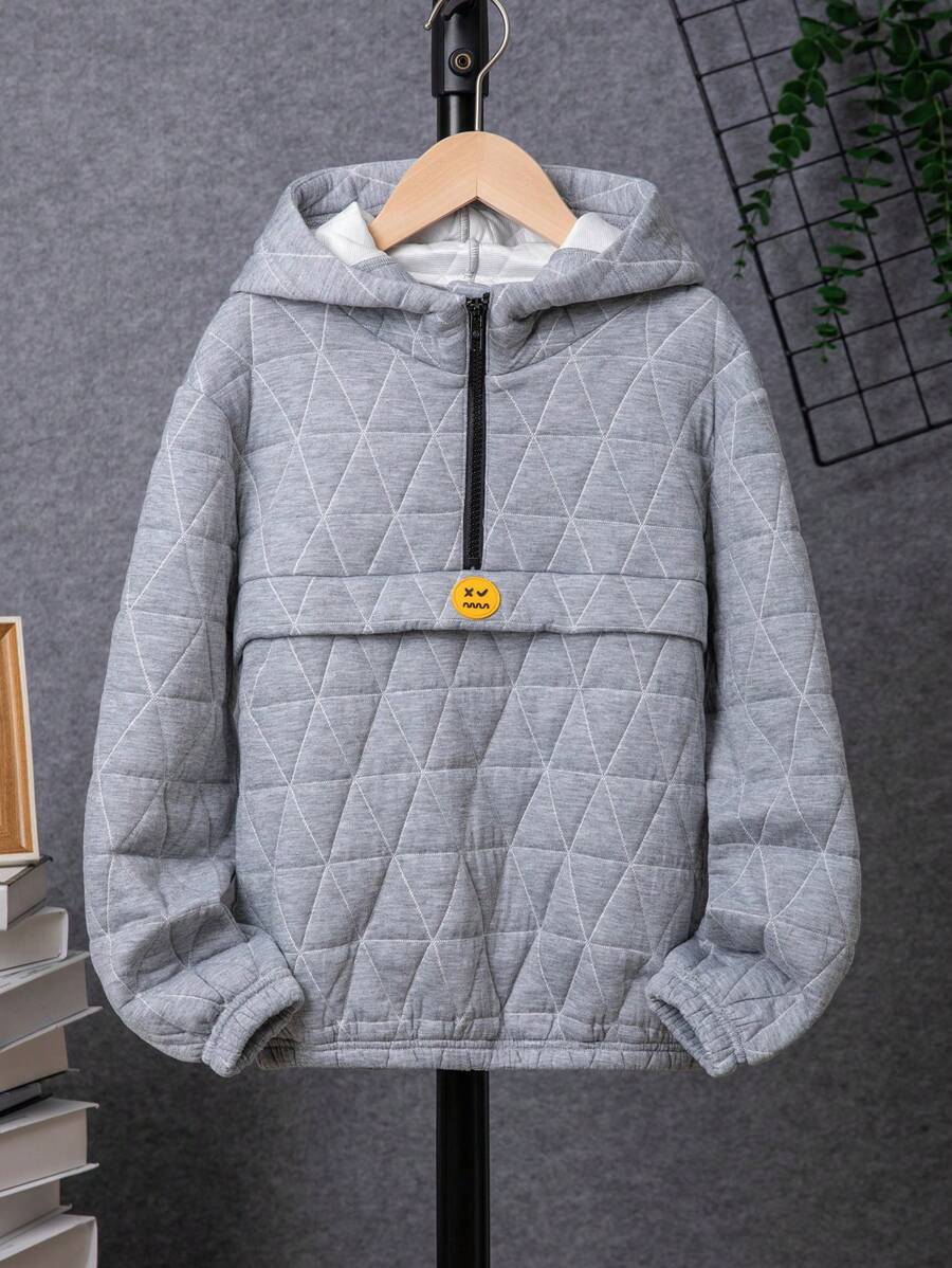 SHEIN Tween Boy Cartoon Patched Half Zip Hoodie - Grey - View 1