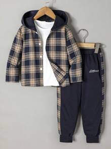SHEIN Young Boy Plaid Print Hooded Shirt & Letter Graphic Sweatpants Without Tee