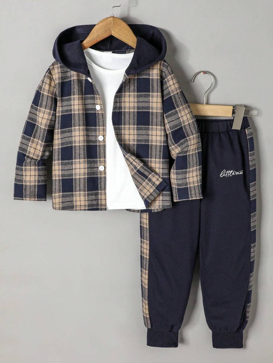 SHEIN Young Boy Plaid Print Hooded Shirt & Letter Graphic Sweatpants Without Tee