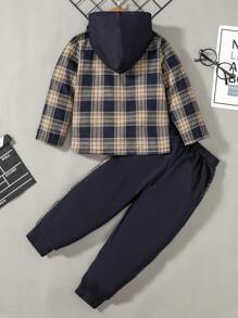 SHEIN Young Boy Plaid Print Hooded Shirt & Letter Graphic Sweatpants Without Tee