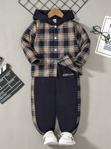 SHEIN Young Boy Plaid Print Hooded Shirt & Letter Graphic Sweatpants Without Tee