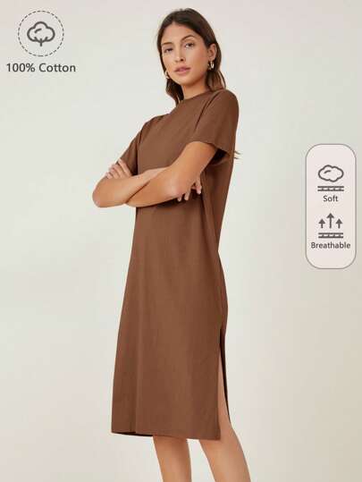 SHEIN BASICS Vestido estilo camiseta bajo con abertura