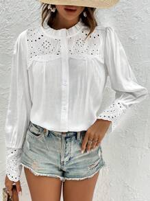 SHEIN VCAY Lỗ gắn thêu Lá sen tỉa Nút phía trước Áo sơ mi - trắng - Xem 1