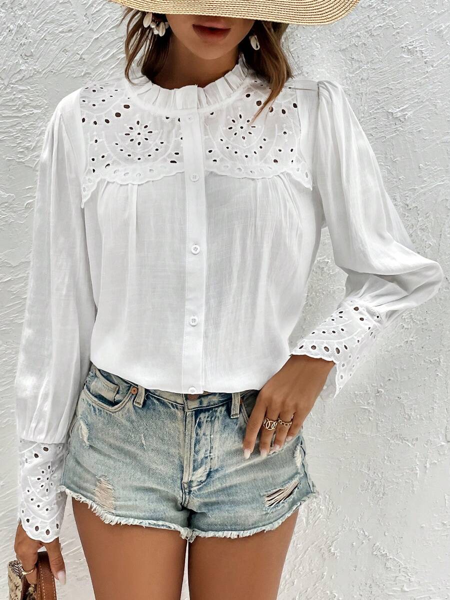 SHEIN VCAY Lỗ gắn thêu Lá sen tỉa Nút phía trước Áo sơ mi - trắng - Xem 1