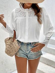 SHEIN VCAY Lỗ gắn thêu Lá sen tỉa Nút phía trước Áo sơ mi - trắng - Xem 5