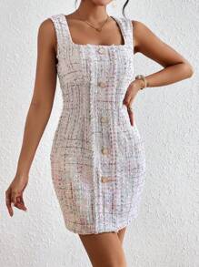SHEIN Privé Solid Button Front Tweed Dress - Apricot - View 4