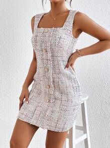 SHEIN Privé Solid Button Front Tweed Dress - Apricot - View 5