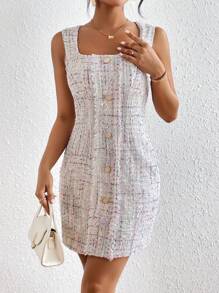 SHEIN Privé Solid Button Front Tweed Dress - Apricot - View 6