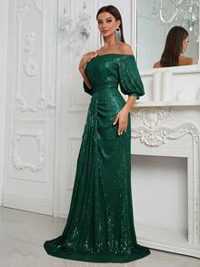 YISIKADO Off Shoulder Lantern Sleeve Sequin Formal Dress - Dark Green - View 3