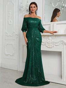 YISIKADO Off Shoulder Lantern Sleeve Sequin Formal Dress - Dark Green - View 4