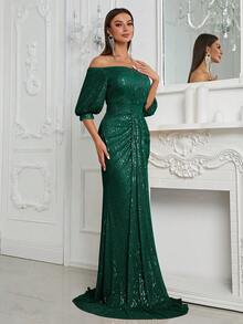 YISIKADO Off Shoulder Lantern Sleeve Sequin Formal Dress - Dark Green - View 6