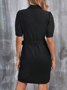SHEIN Clasi Puff Sleeve Belted Shirt Dress - Black - View 2